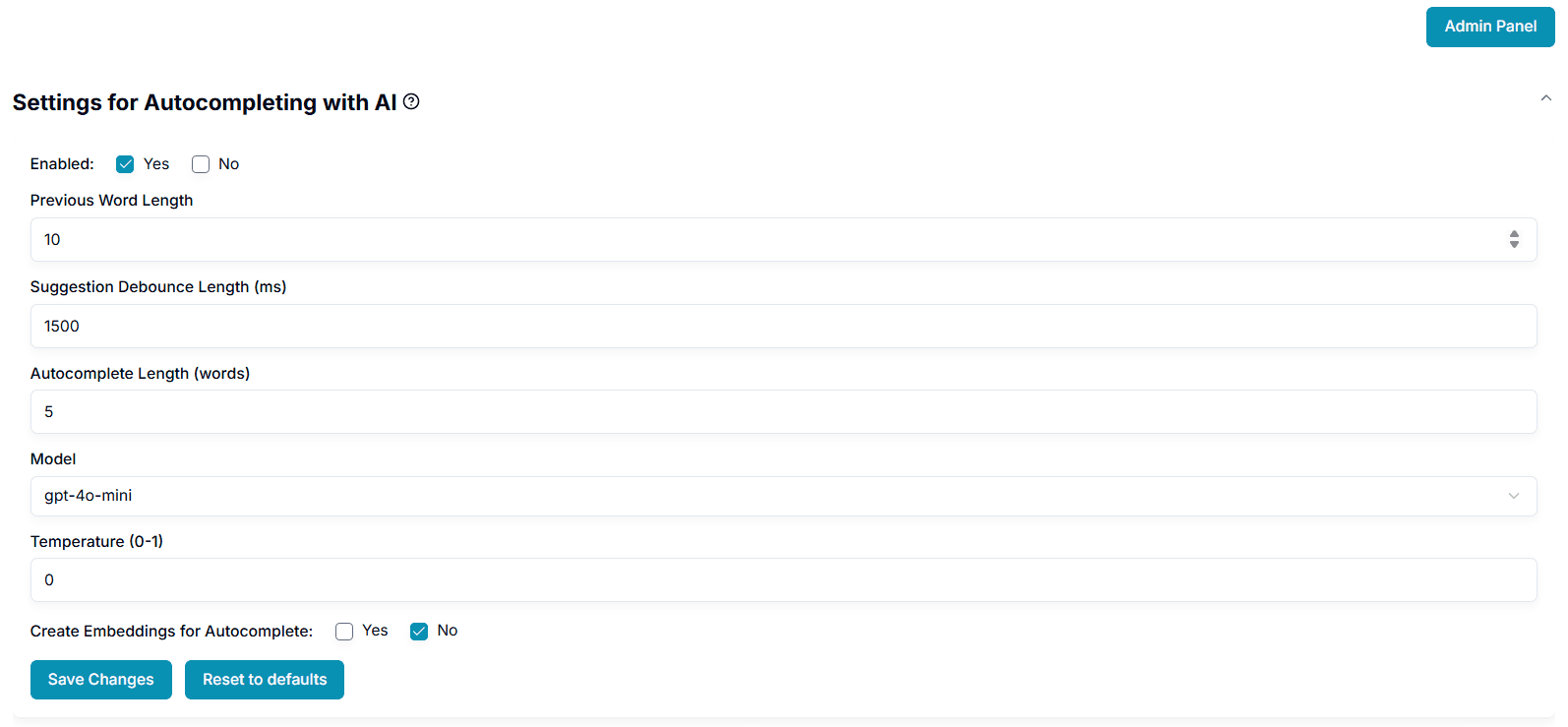 Settings page